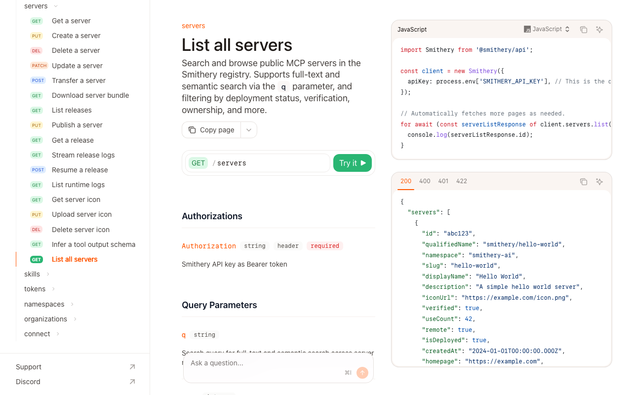 Screenshot of https://smithery.ai/docs/api-reference/servers/list-all-servers
