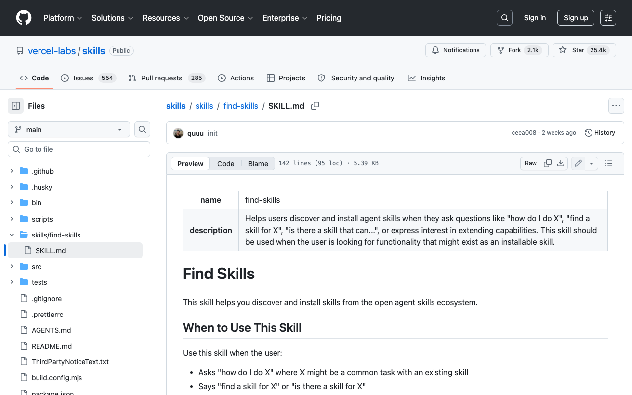Screenshot of https://github.com/vercel-labs/skills/blob/main/skills/find-skills/SKILL.md