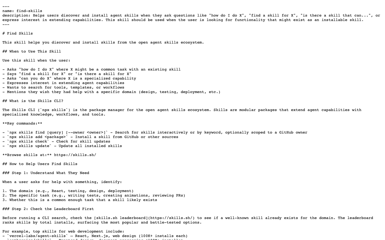 Screenshot of https://raw.githubusercontent.com/vercel-labs/skills/main/skills/find-skills/SKILL.md