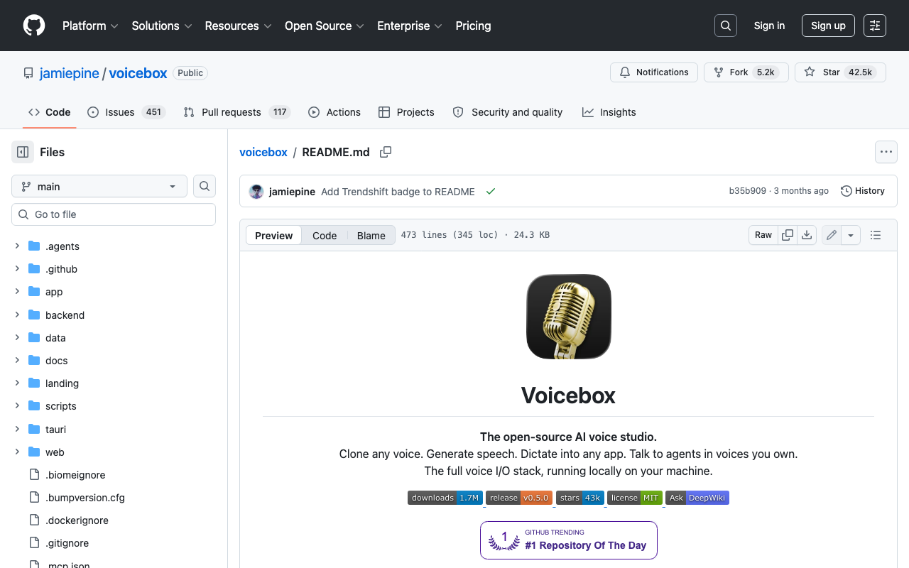 Screenshot of https://github.com/jamiepine/voicebox/blob/main/README.md