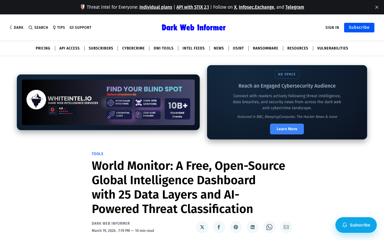 Screenshot of https://darkwebinformer.com/world-monitor-a-free-open-source-global-intelligence-dashboard-with-25-data-layers-and-ai-powered-threat-classification/
