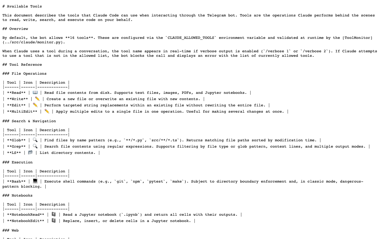 Screenshot of https://raw.githubusercontent.com/RichardAtCT/claude-code-telegram/main/docs/tools.md