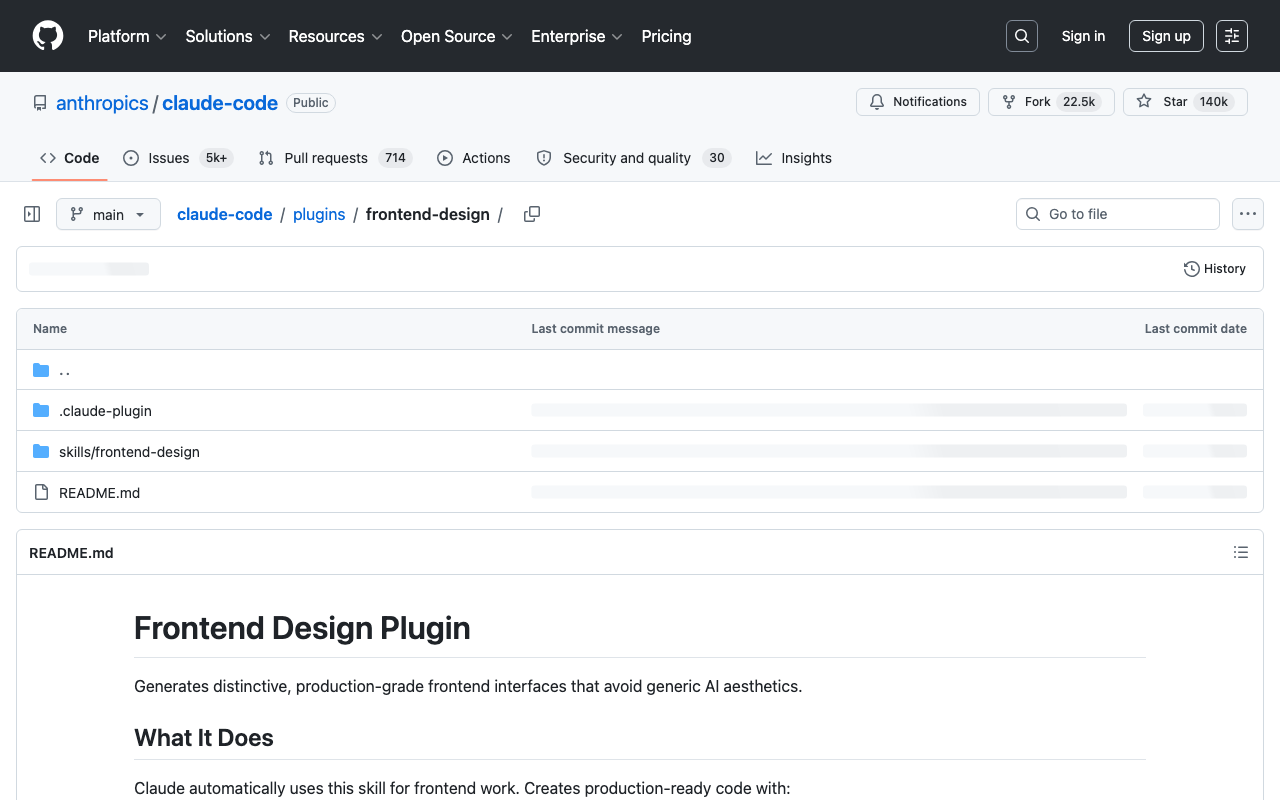 Screenshot of https://github.com/anthropics/claude-code/tree/main/plugins/frontend-design