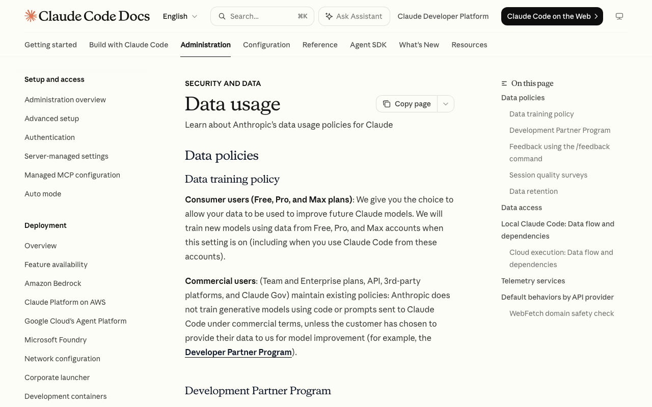 Screenshot of https://code.claude.com/docs/en/data-usage