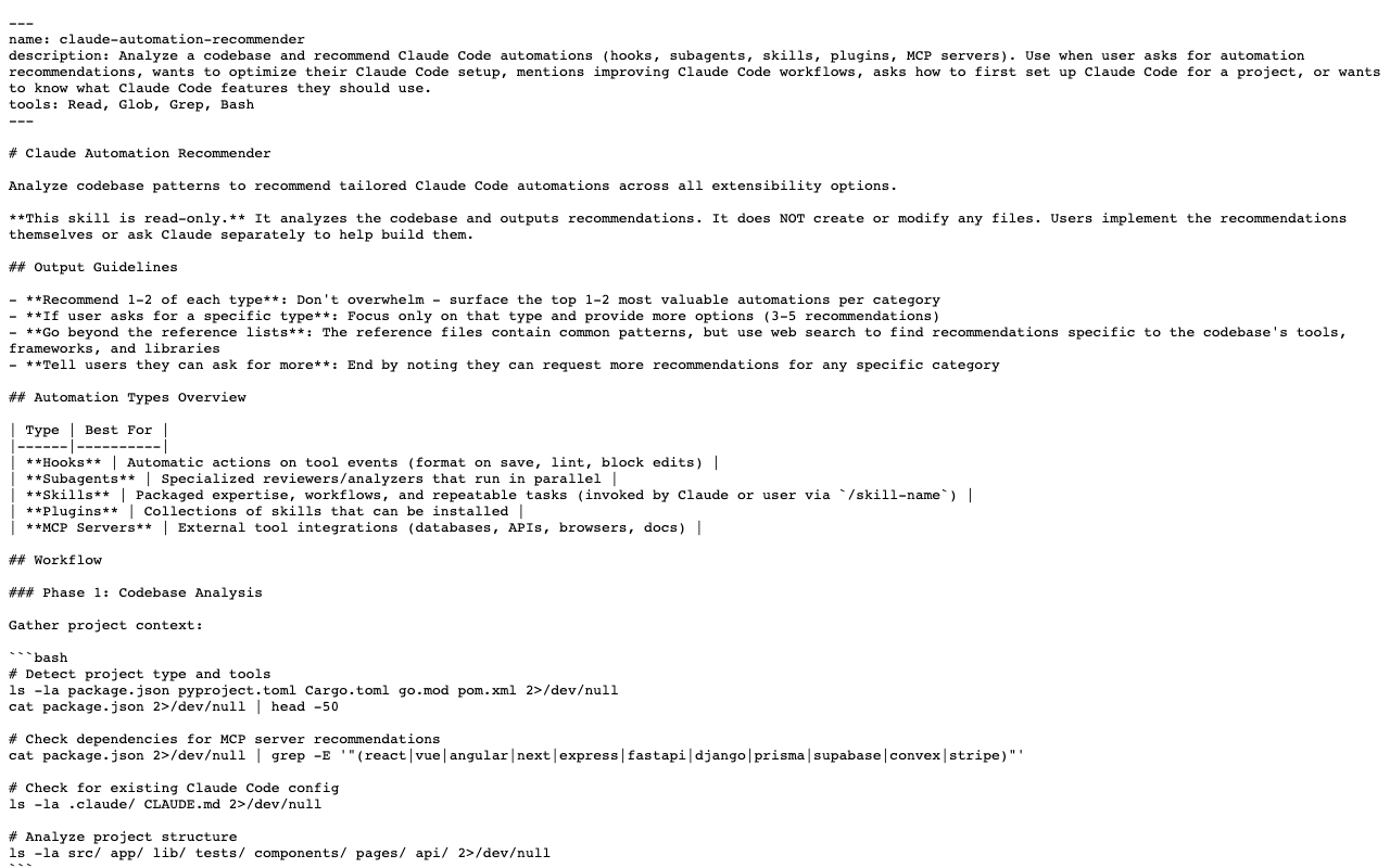 Screenshot of https://raw.githubusercontent.com/anthropics/claude-plugins-official/main/plugins/claude-code-setup/skills/claude-automation-recommender/SKILL.md