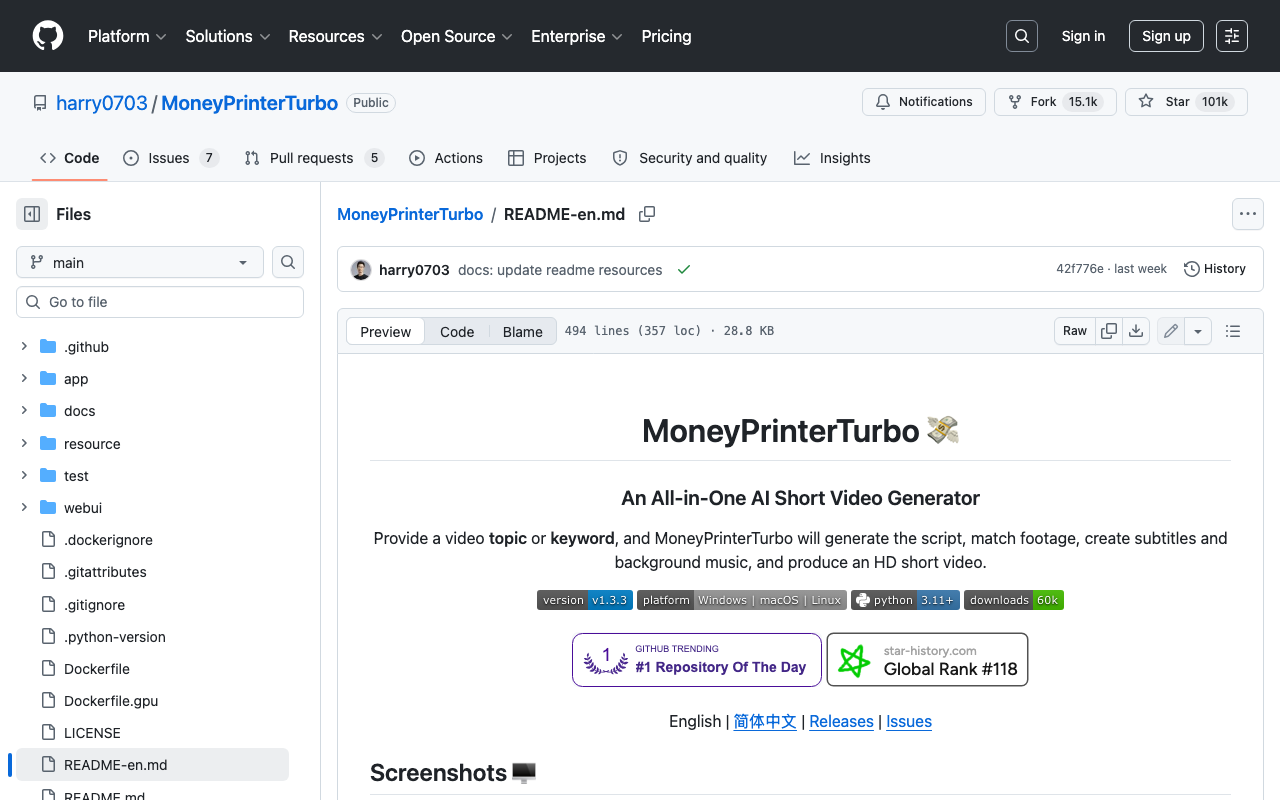 Screenshot of https://github.com/harry0703/MoneyPrinterTurbo/blob/main/README-en.md