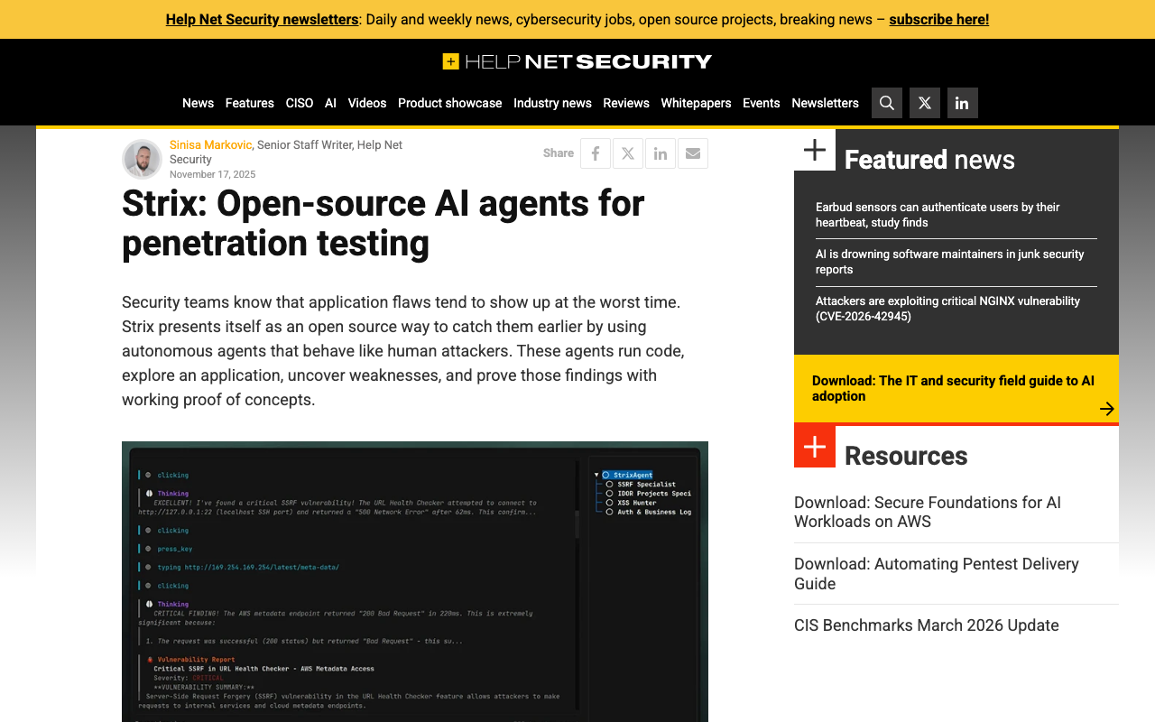 Screenshot of https://www.helpnetsecurity.com/2025/11/17/strix-open-source-ai-agents-penetration-testing/