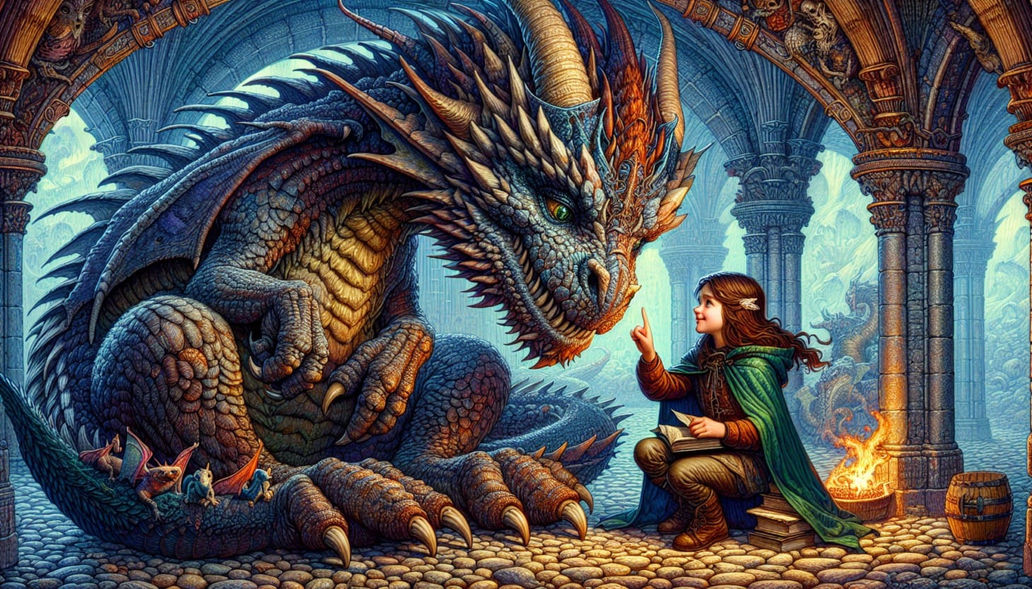 A young girl gives a huge dragon a telling off.