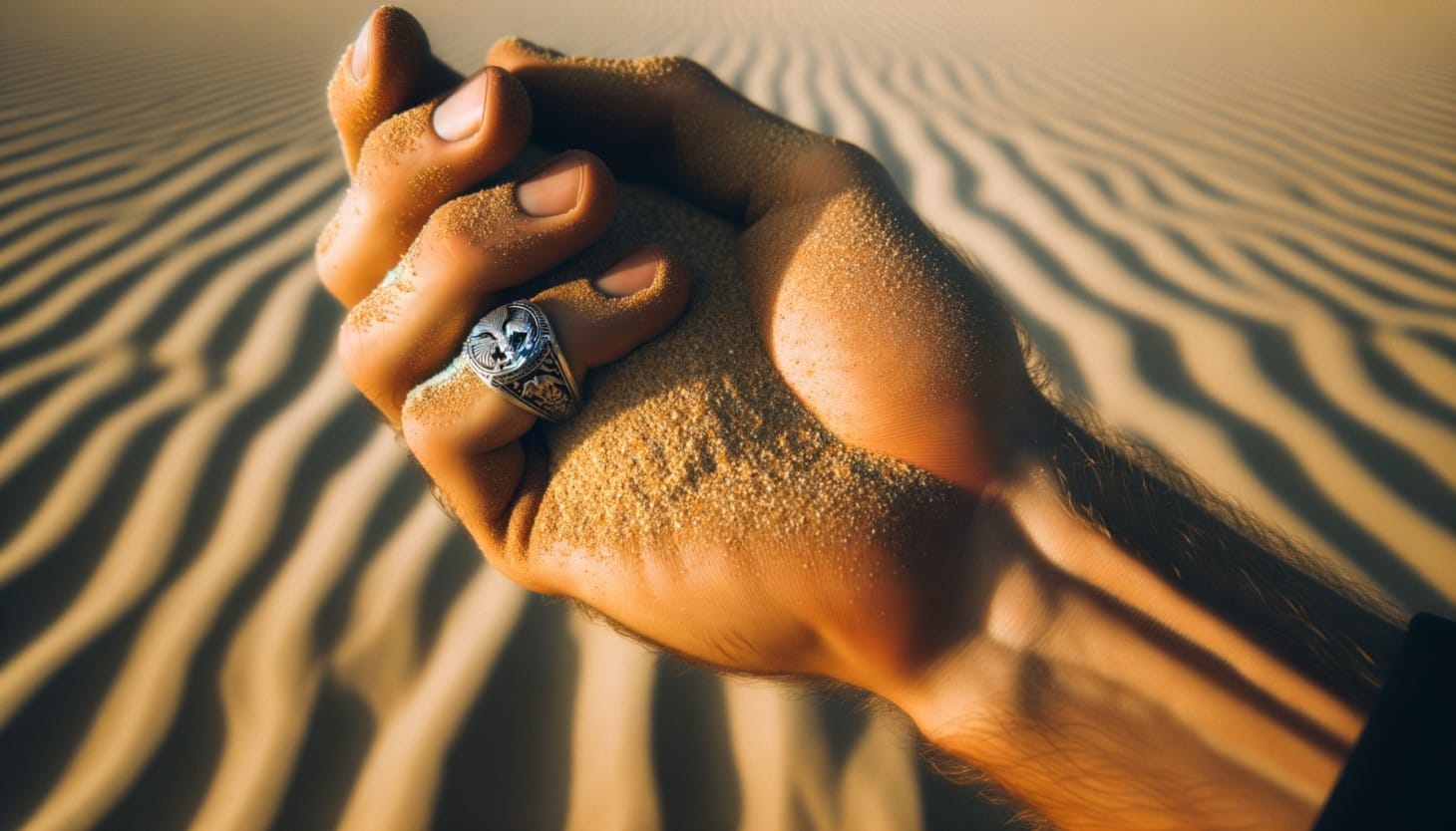 A hand grasps a fistful of sparkling desert sand. A signet ring bearing a family seal sits on his finger. 