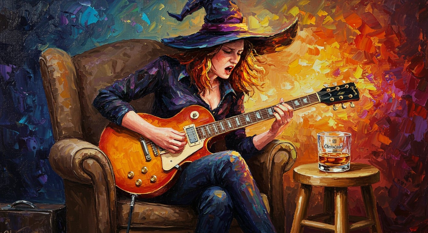 A colourful painting of a guitarist styled as a sorceress playing beside a bottle of whisky.