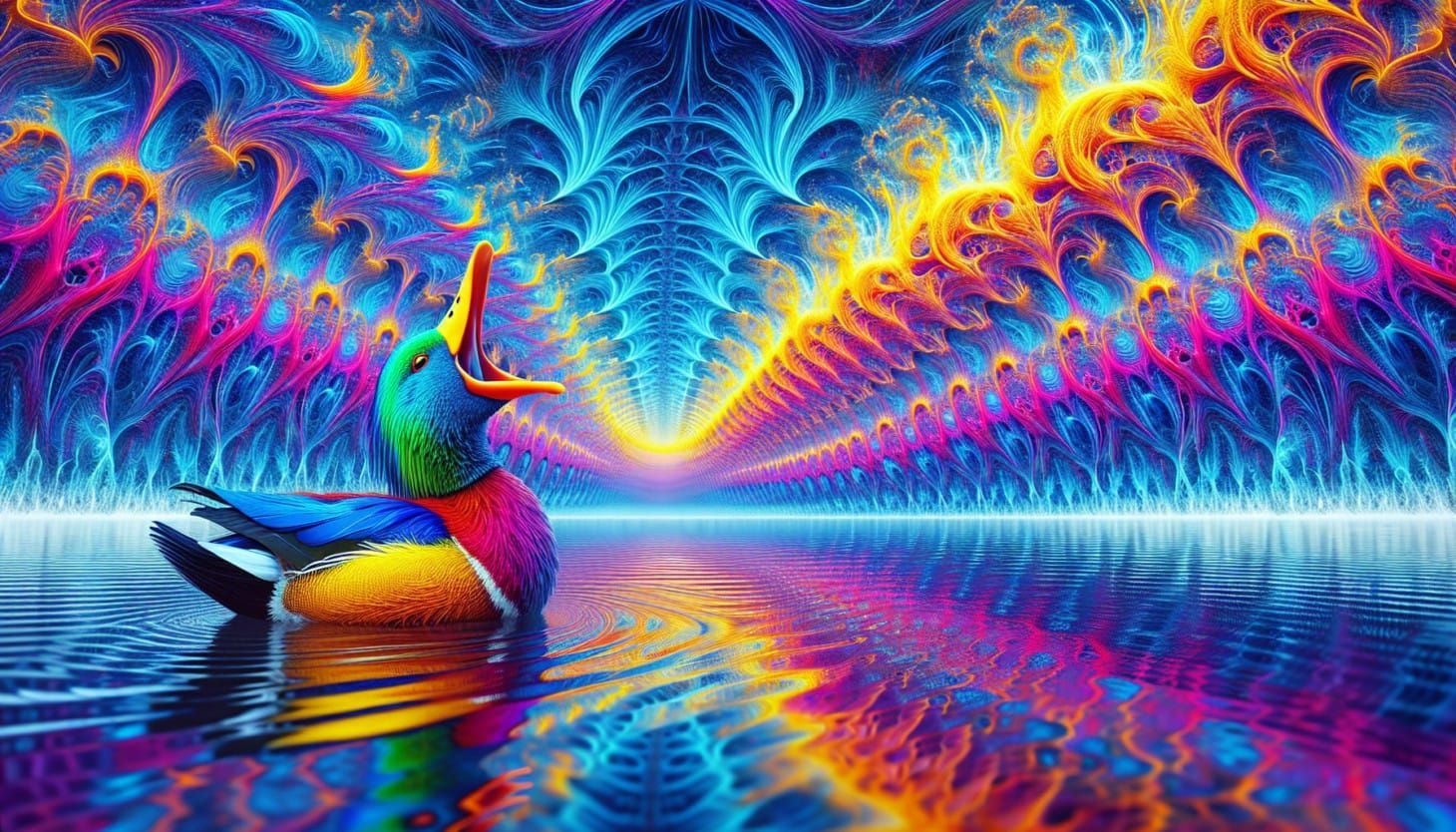 A duck squawks on a multicolour lake and the sound makes synesthetic bright fractals of colour. 