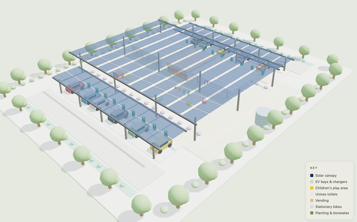 3D rendering of an EV charging station with a children's play area and for walkway for adults, all covered with solar panels, with a covered with solar panels.