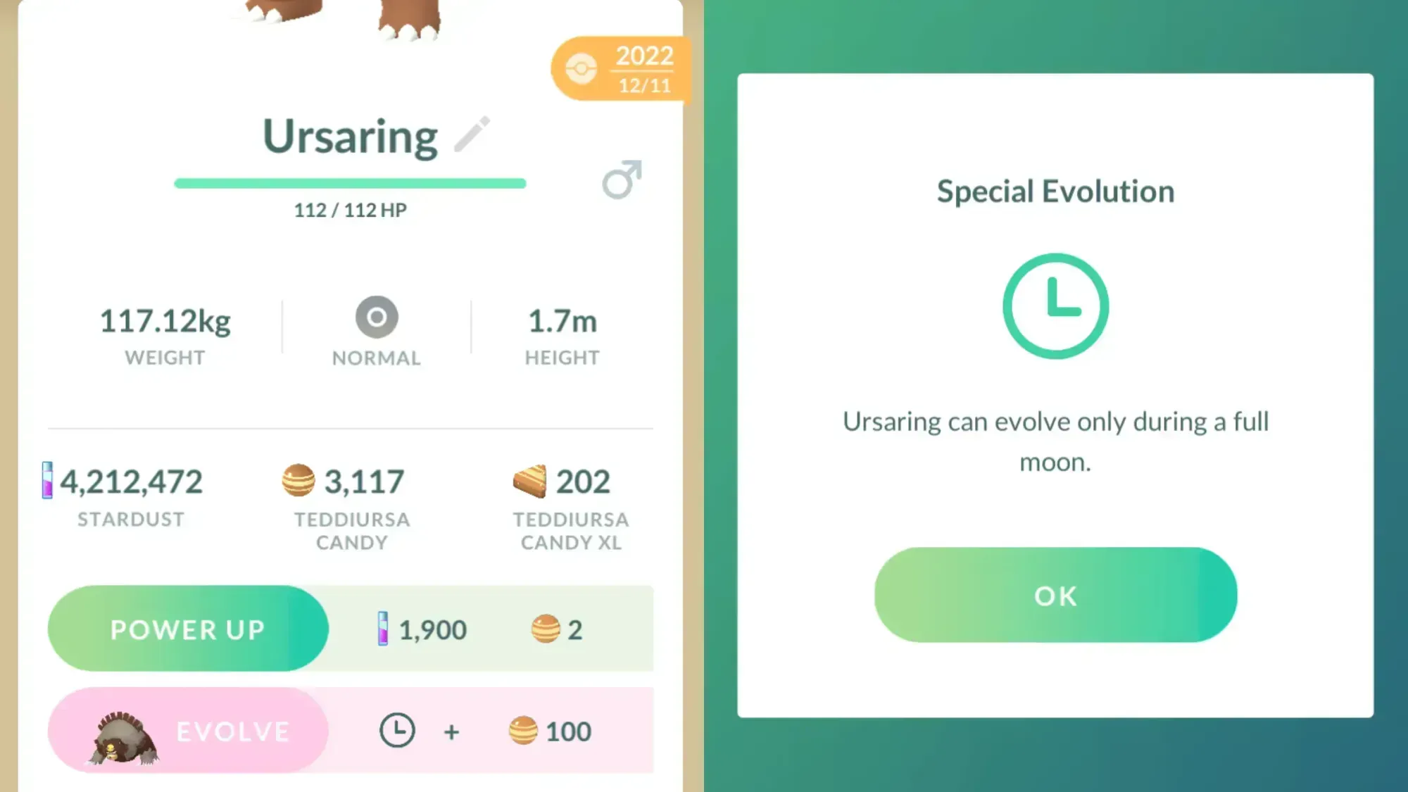 Two side-by-side screenshots of Pokémon Go showing Ursaring's evolution options on the left, and the text 'Special Evolution, Ursaring can evolve only during a full moon." on the right.