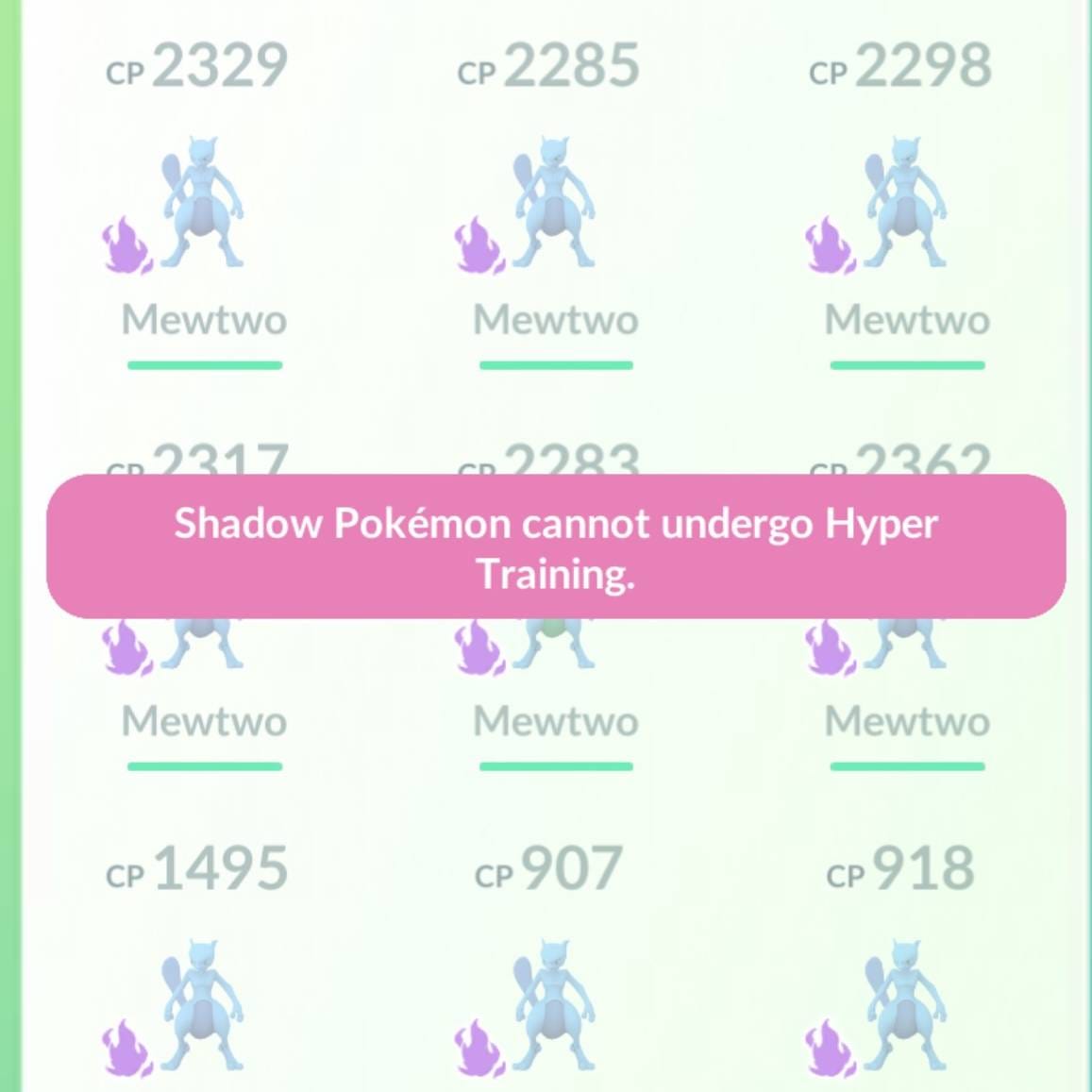 A screenshot from Pokémon Go with rows of shadow Mewtwos and the text "Shadow Pokémon cannot undergo Hyper Training."