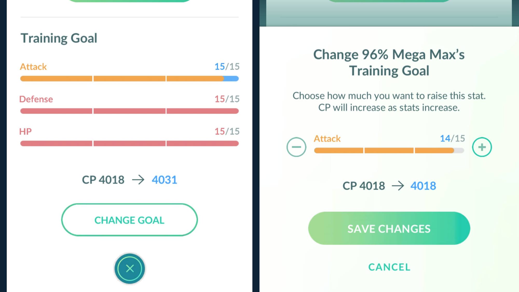 Two side-by-side screenshots of Pokémon Go showing Training Goals on the left and changing Hyper Training Goals on the right.