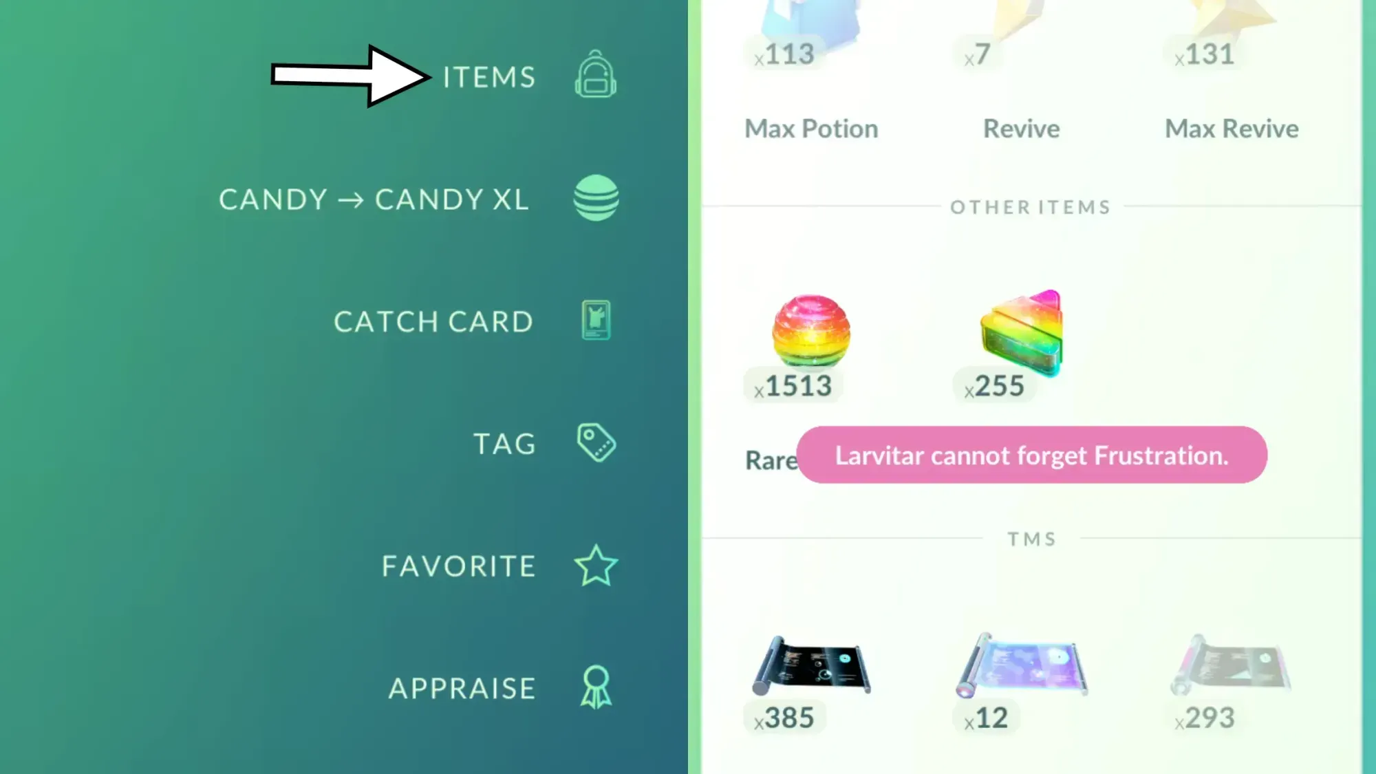 Two side-by-side screenshots of Pokémon Go showing a list of menu option on the left, and an items inventory on the right, with the text "Larvitar cannot forget Frustration." on top.
