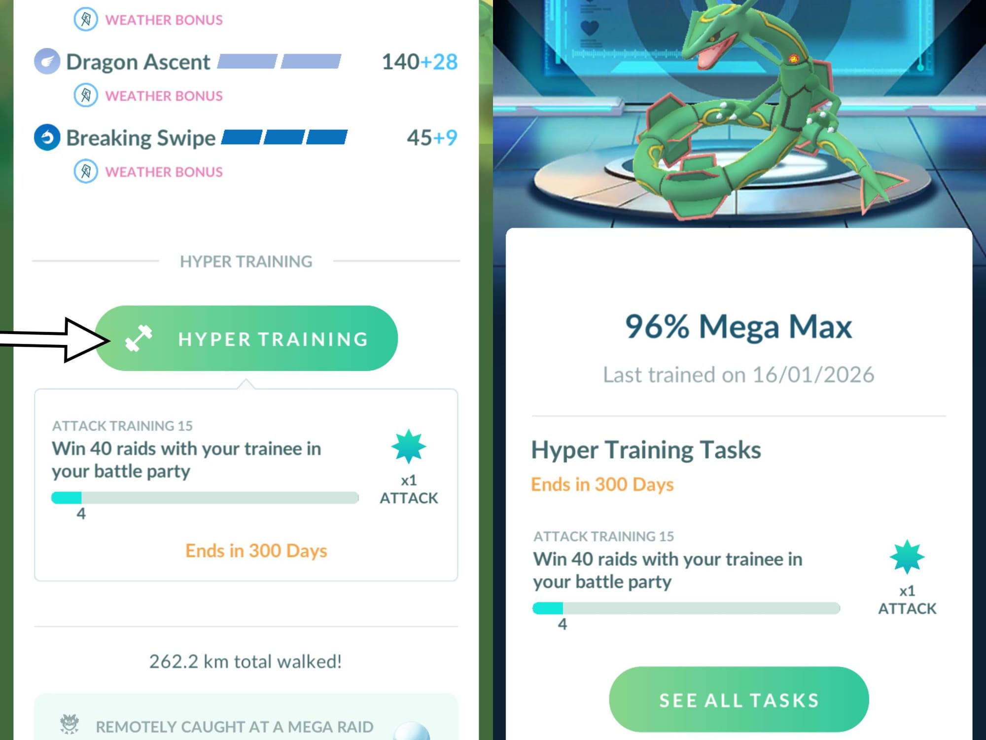 Two side-by-side screenshots of Pokémon Go showing a Pokémon's stats screen with the Hyper Training button on the left, and the Hyper Training area on the right.