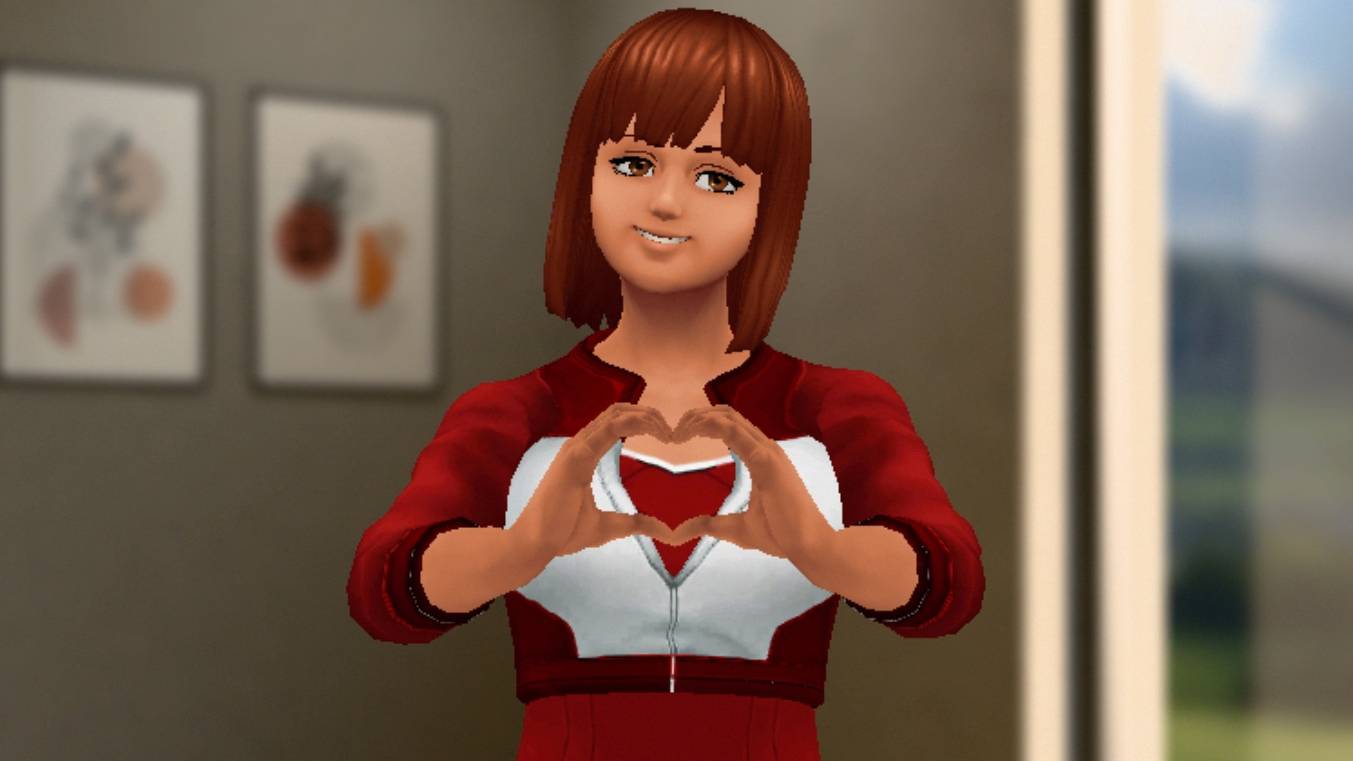 A character creating a 'heart pose' with their hands.
