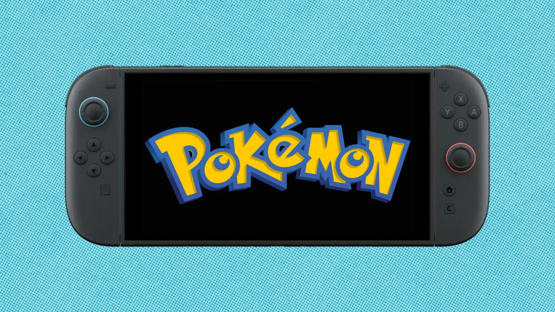 A Nintendo Switch 2 console with the Pokémon logo on the screen, set against a light blue textured background