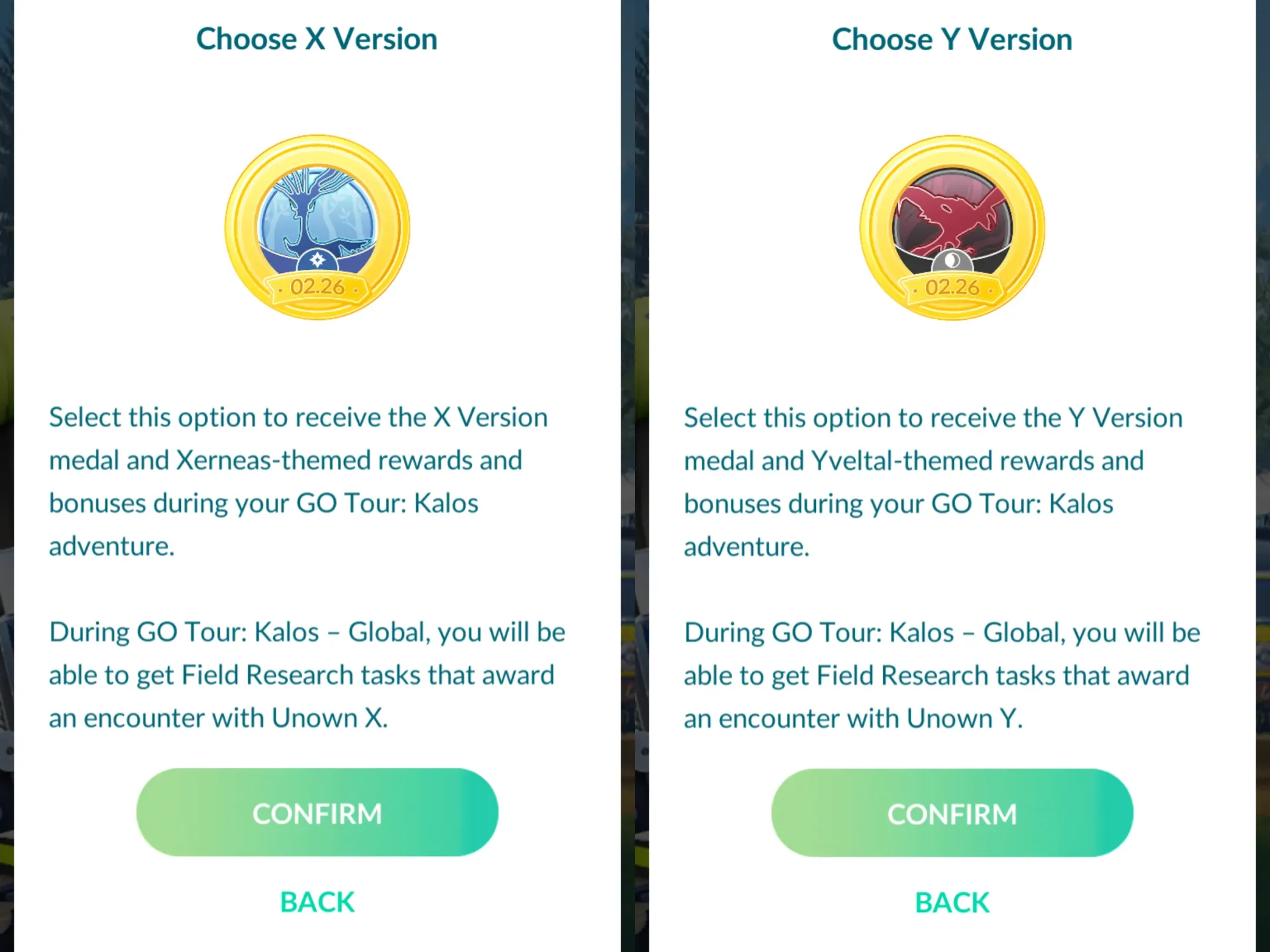 Two side-by-side screenshots showing X Version and Y Version differences in Pokémon Go's 'An X-ceptional Yarn' Special Research.