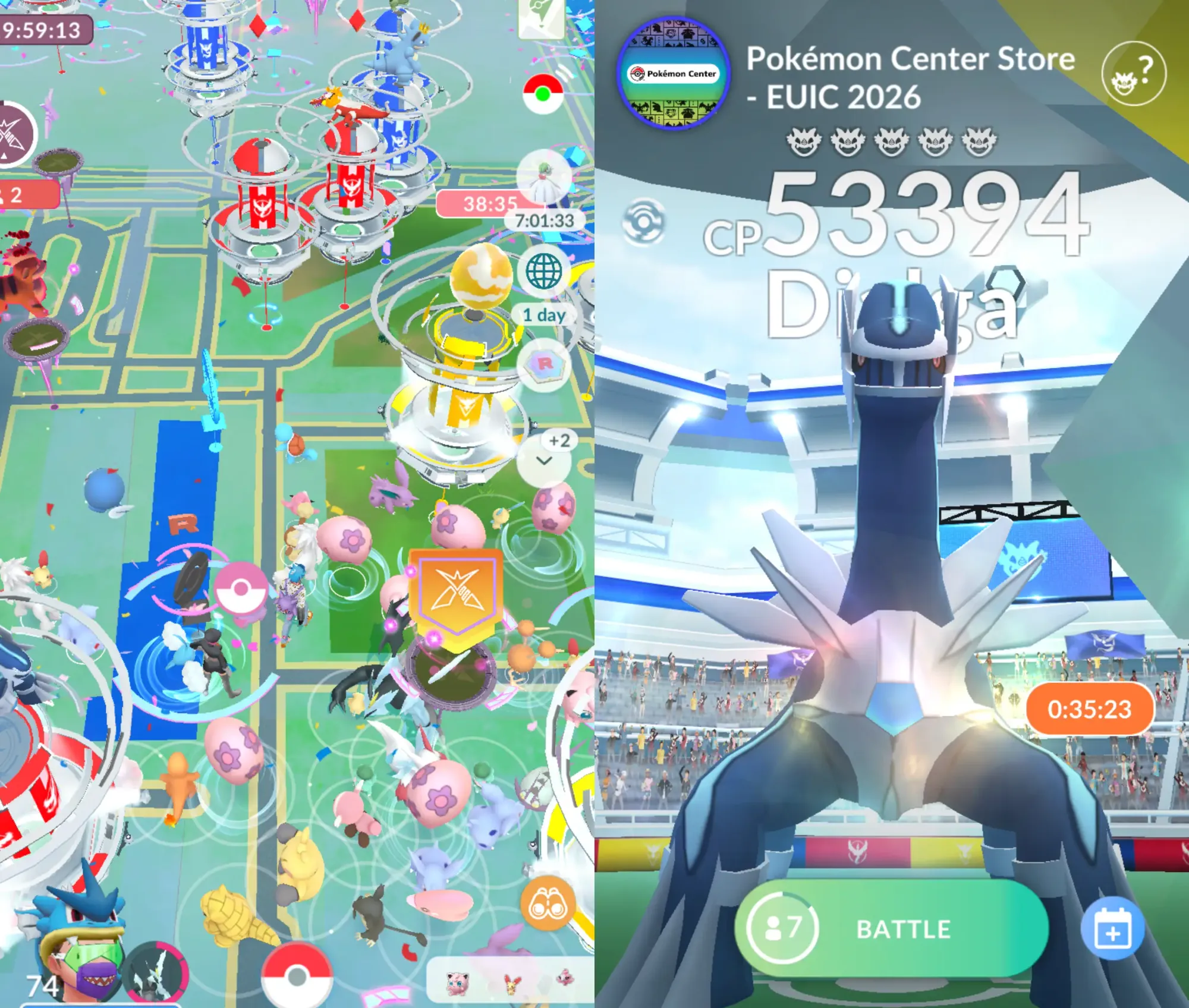 Two side-by-side screenshots of Pokémon Go showing spawns outside of Excel and a Dialga raid.