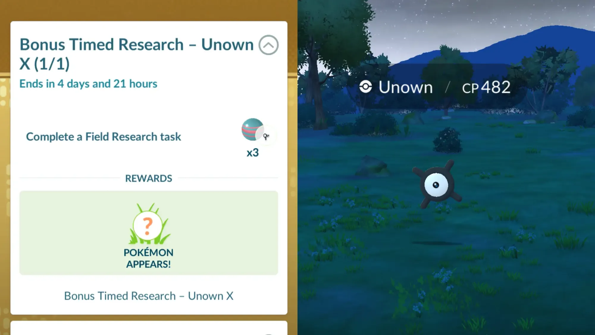 Two side-by-side mobile screenshots showing Bonus Timed Research - Unown X, and an Unown encounter.