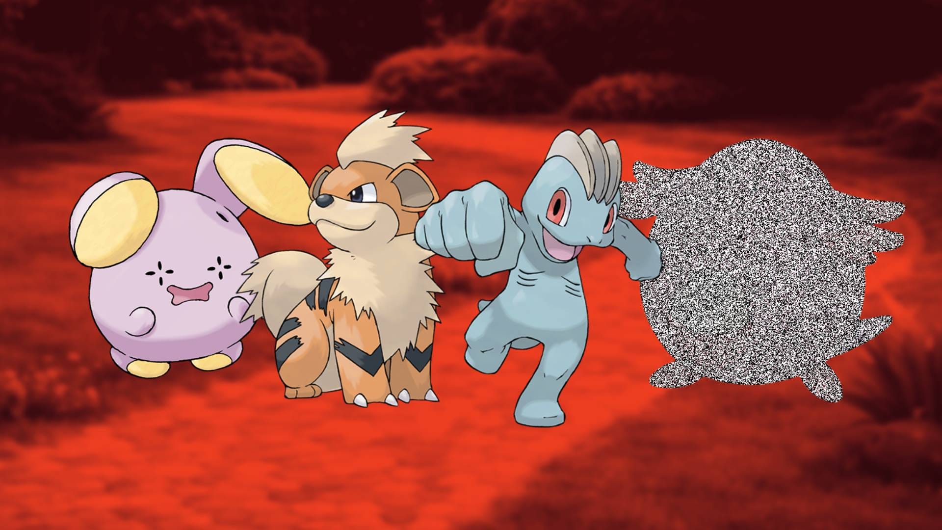 Pokémon Whismur, Growlithe, Machop and a mysterious fourth creature in front of a blurred red-tinted background.
