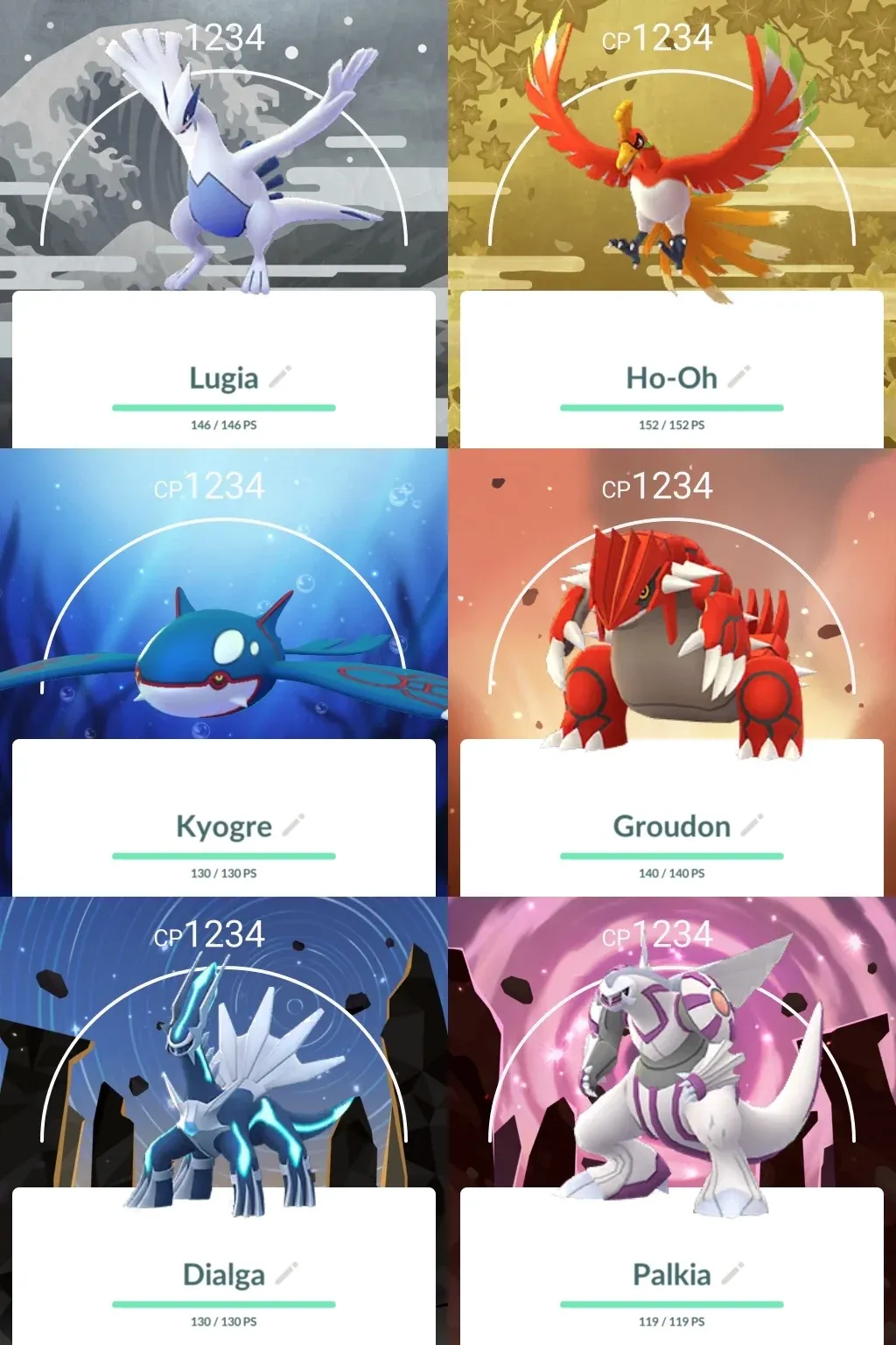 A series of in-game Pokémon Go screenshots featuring Special Backgrounds and their associated Pokémon.
