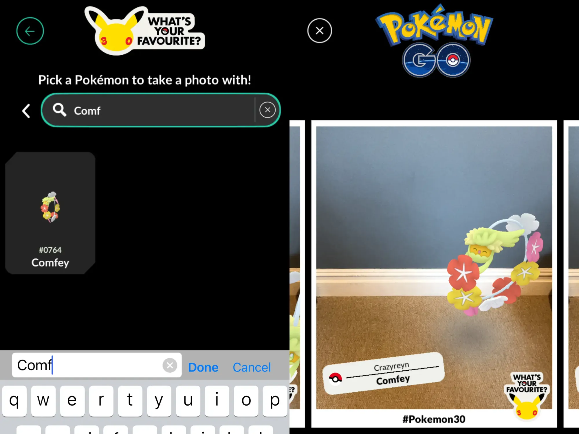 Two side-by-side screenshots of Pokémon Go showing a search for Comfey, an a screenshot of Comfey taken in an empty area of a room.