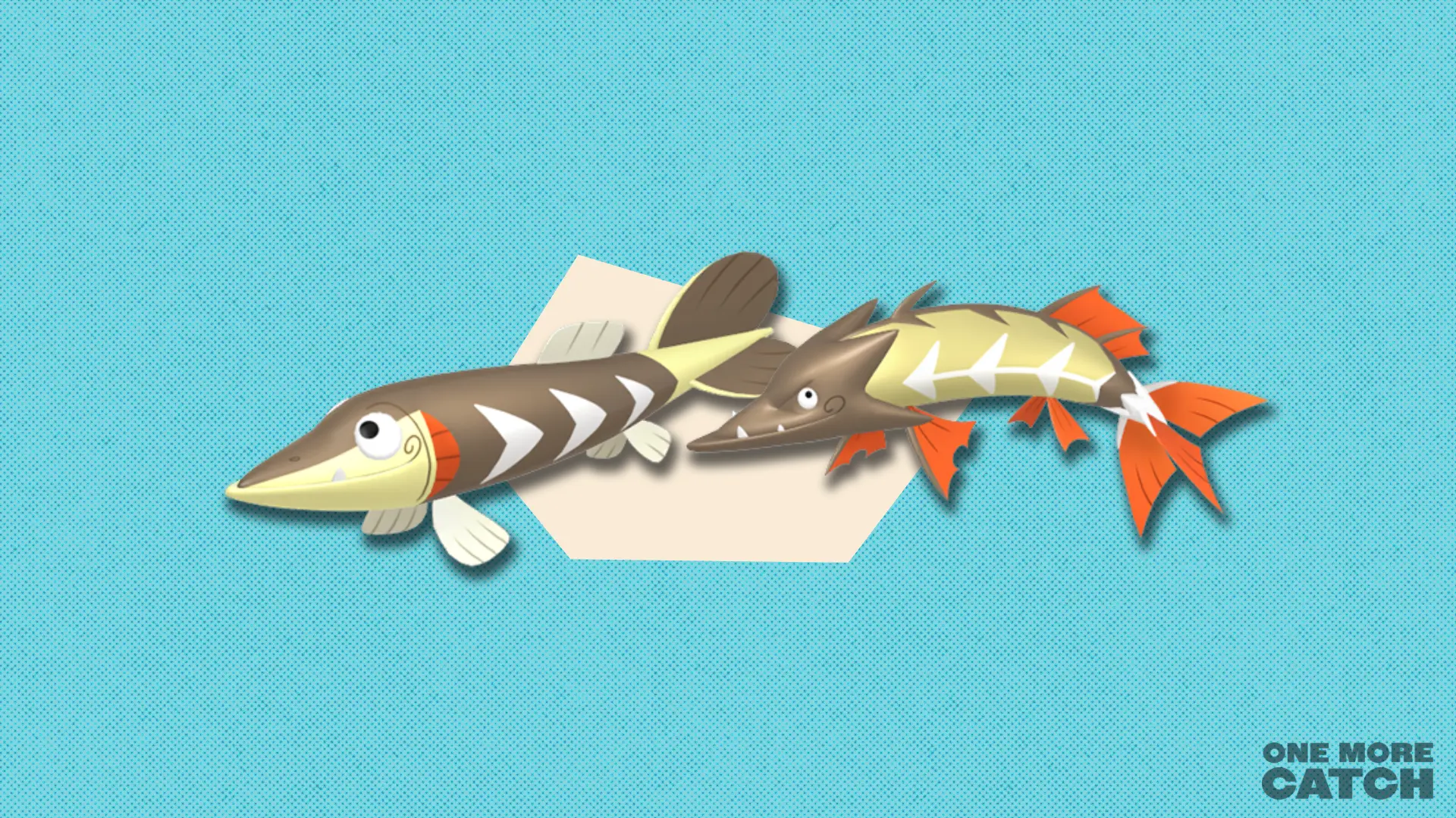 Arrokuda and Barraskewda in front of a polygonal shape and a textured background.