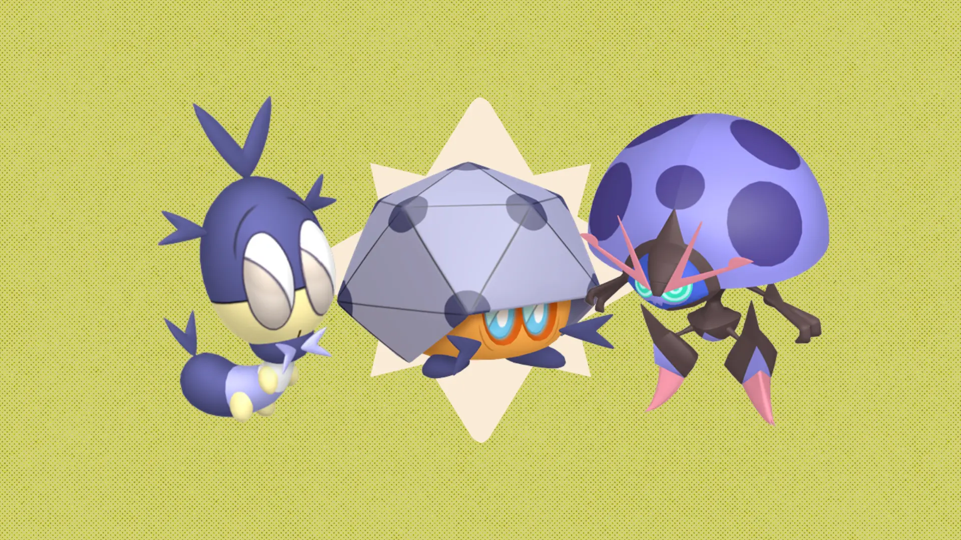 Shiny Blipbug, Dottler, and Orbeetle against a polygonal shape and a textured background.