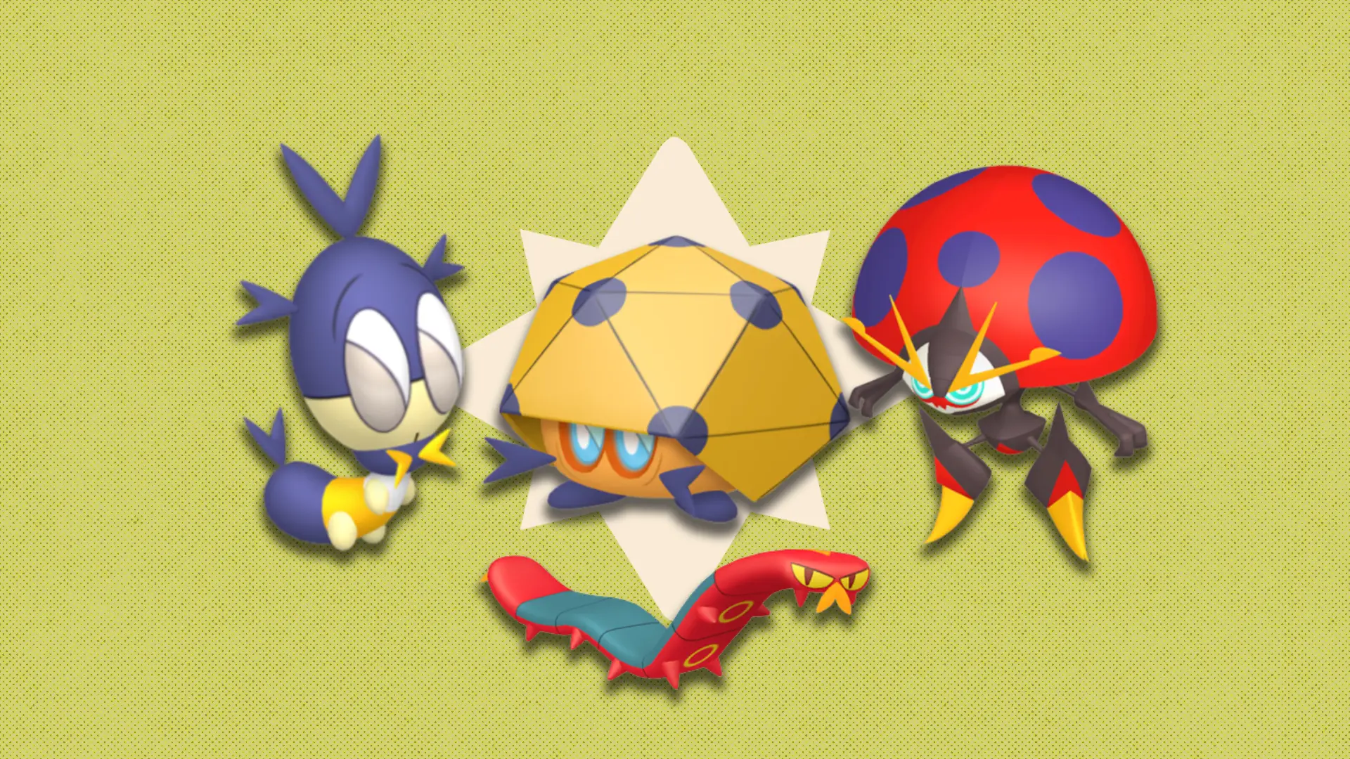 Blipbug, Dottler, Orbeetle, and shiny Sizzlipede against a white polygonal shape and a textured green background.