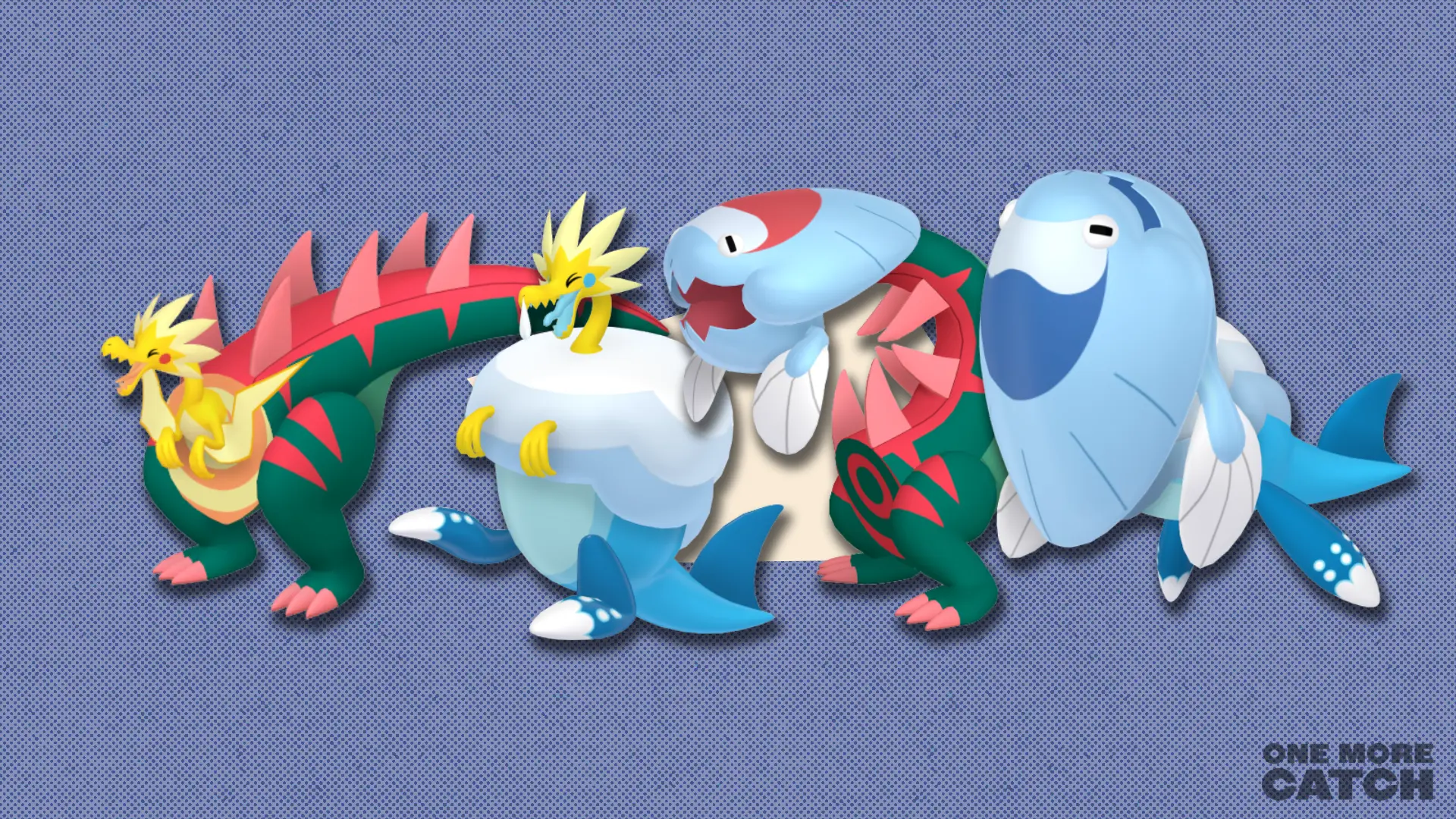 Dracozolt, Arctozolt, Dracovish and Arctovish in front of a polygonal shape and a textured background.