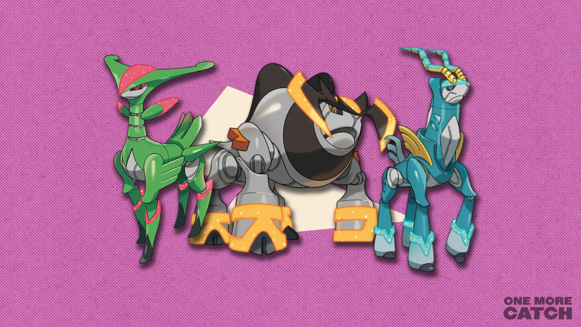 Iron Leaves, Iron Boulder and Iron Crown in front of a polygonal shape and a textured background.