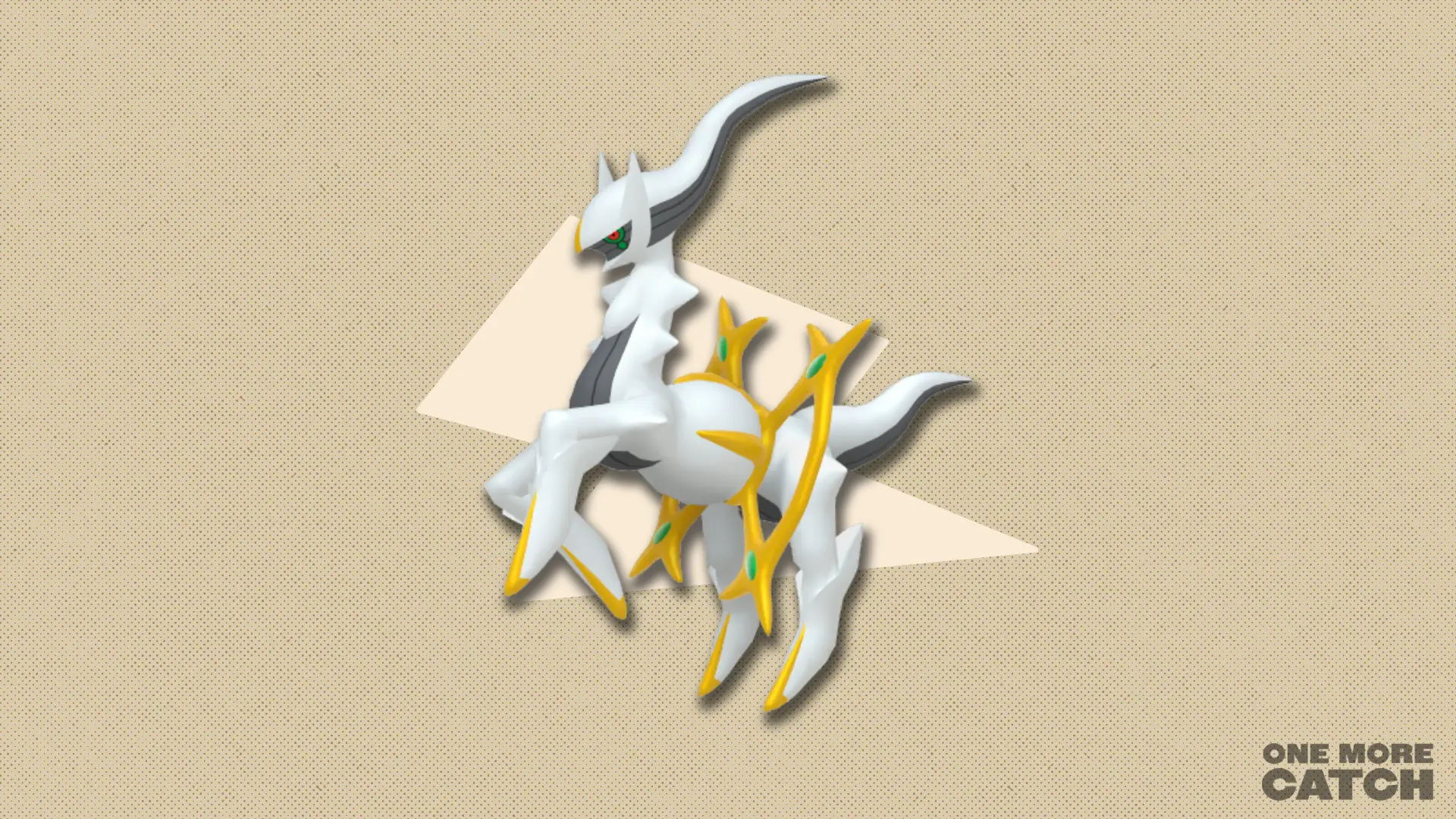Arceus in front of a polygonal shape and a textured background.