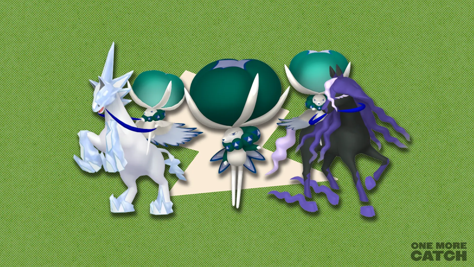 Calyrex in front of a polygonal shape and a textured background.