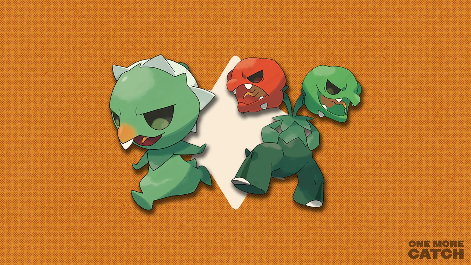 Capsakid and Scovillain in front of a polygonal shape and a textured background.