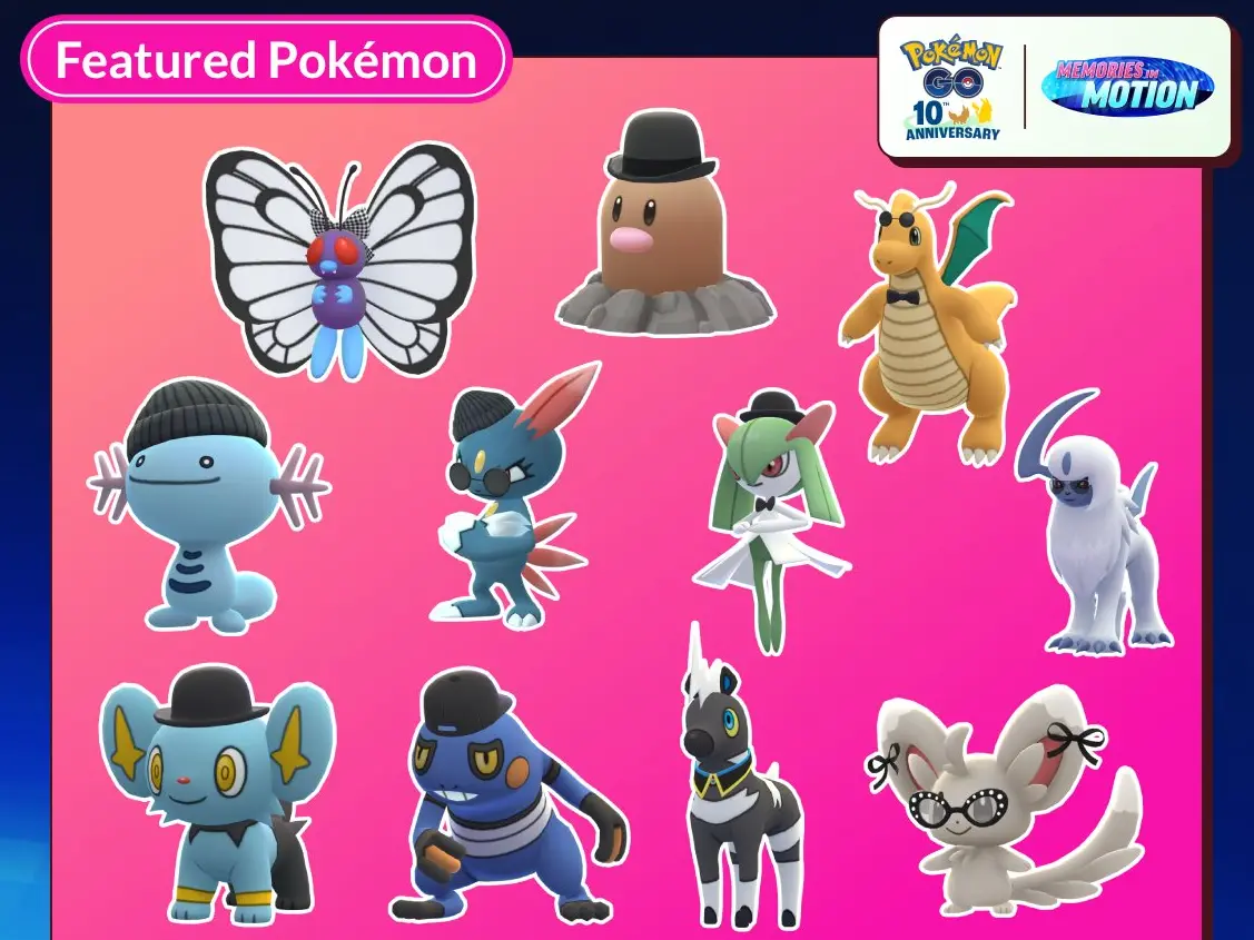 Costumed Butterfree, Diglett, Dragonite, Wooper, Sneasel, Kirlia, Absol, Shinx, Croagunk, Blitzle, Minccino in an official Pokémon Go infographic
