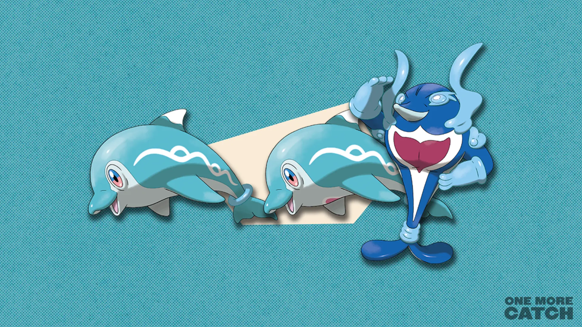 Finizen and Palafin in front of a polygonal shape and a textured background.