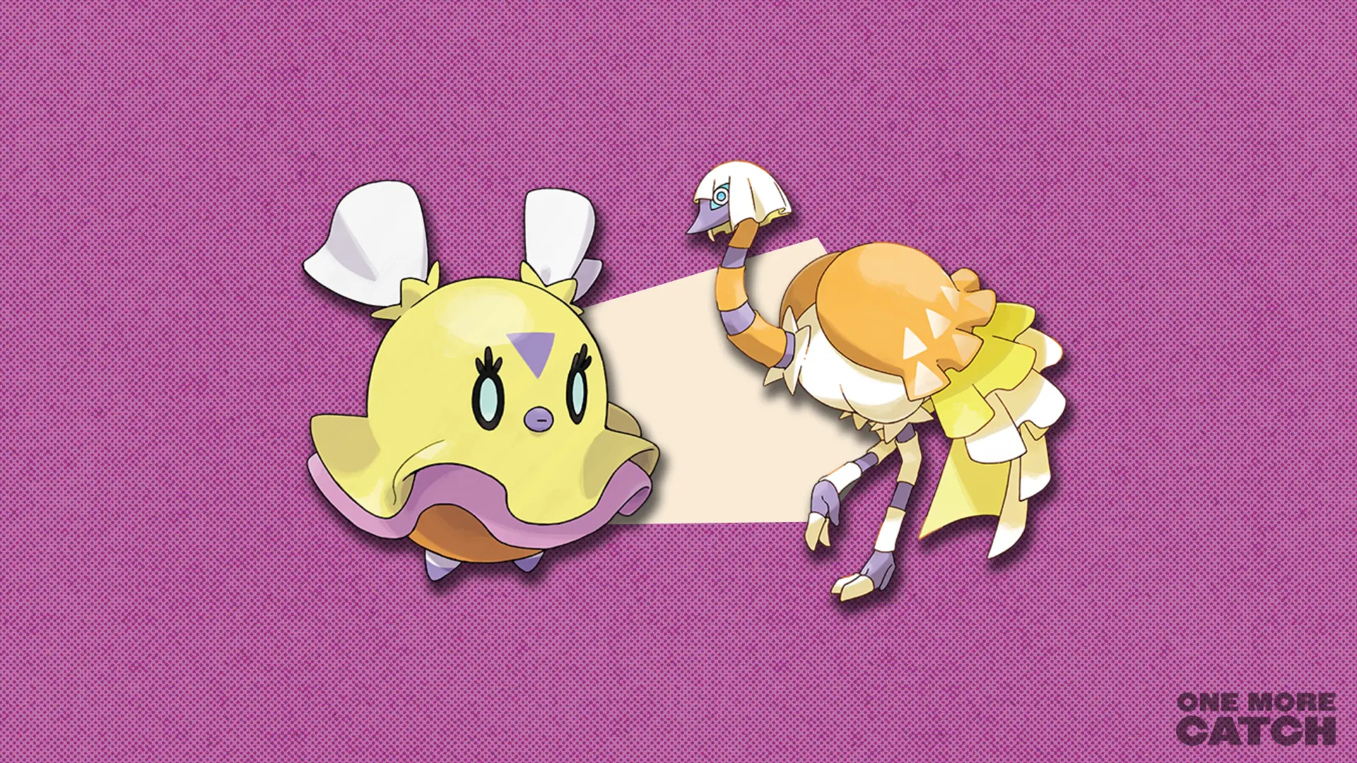 Flittle and Espathra in front of a polygonal shape and a textured background.