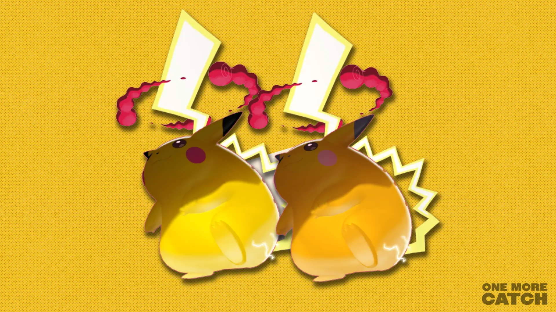 Gigantamax Pikachu and shiny Gigantamax Pikachu against a polygonal shape and a textured background.