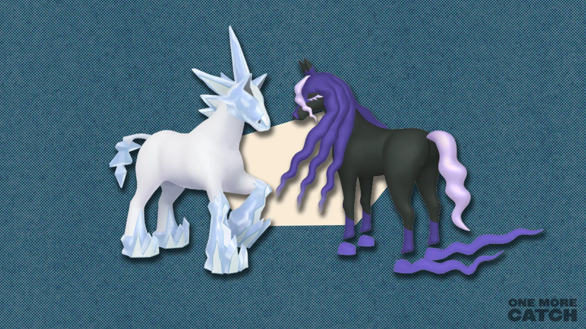 Glastrier and Spectrier in front of a polygonal shape and a textured background.