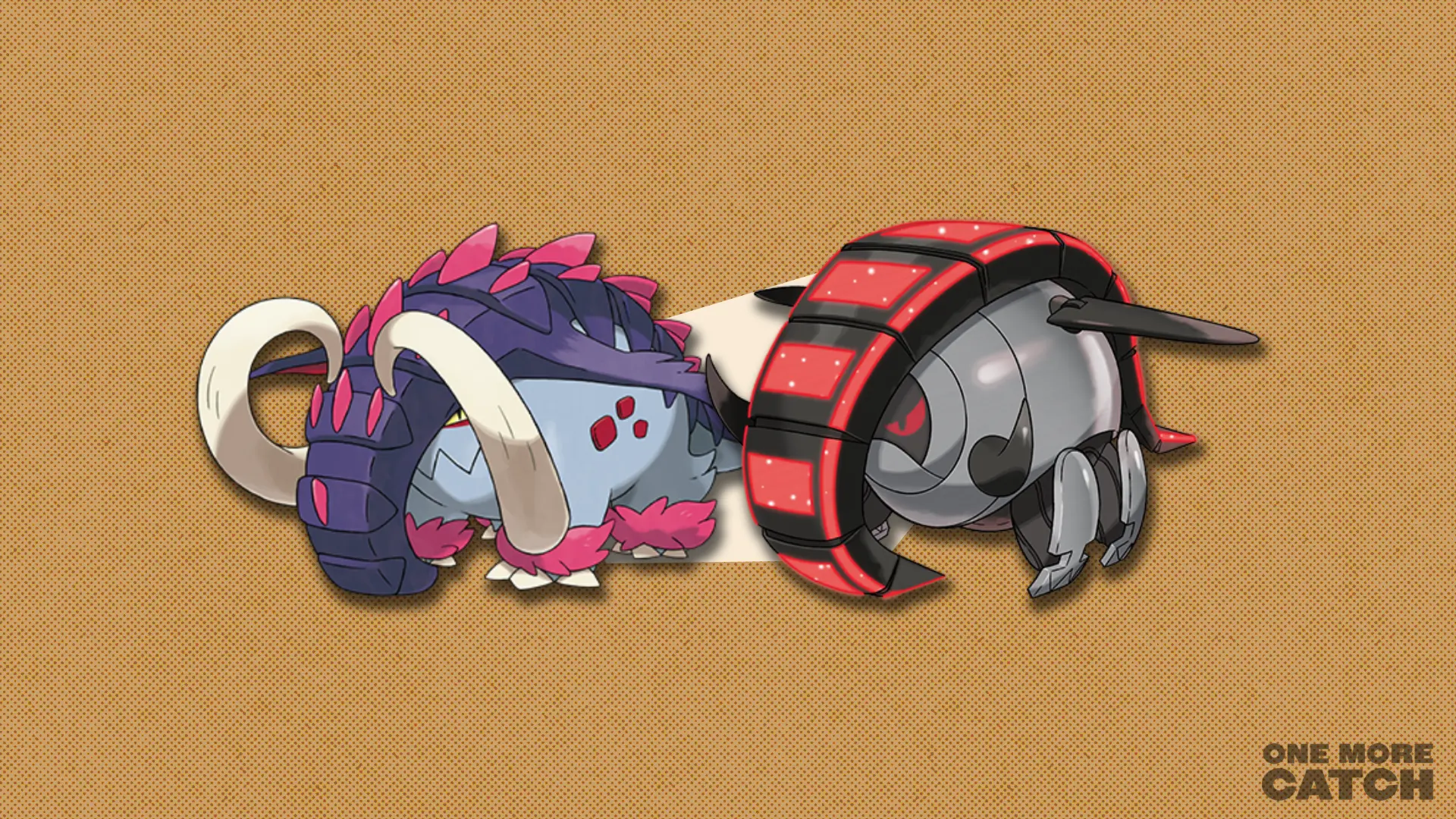 Great Tusk and Iron Treads in front of a polygonal shape and a textured background.