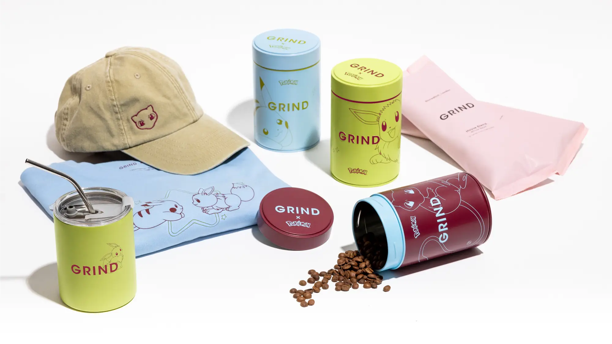 Items from the Grind Pokémon collaboration against a white background.