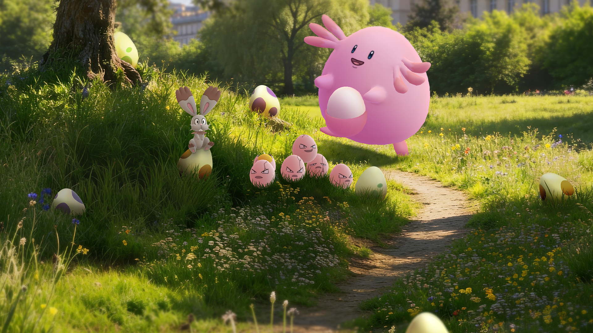 Bunnelby, Exeggcute, and Chansey surrounded by eggs in a field