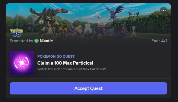 A screenshot of a Discord Pokémon Go quest with the headline text 'Claim a 100 Max Particles!'