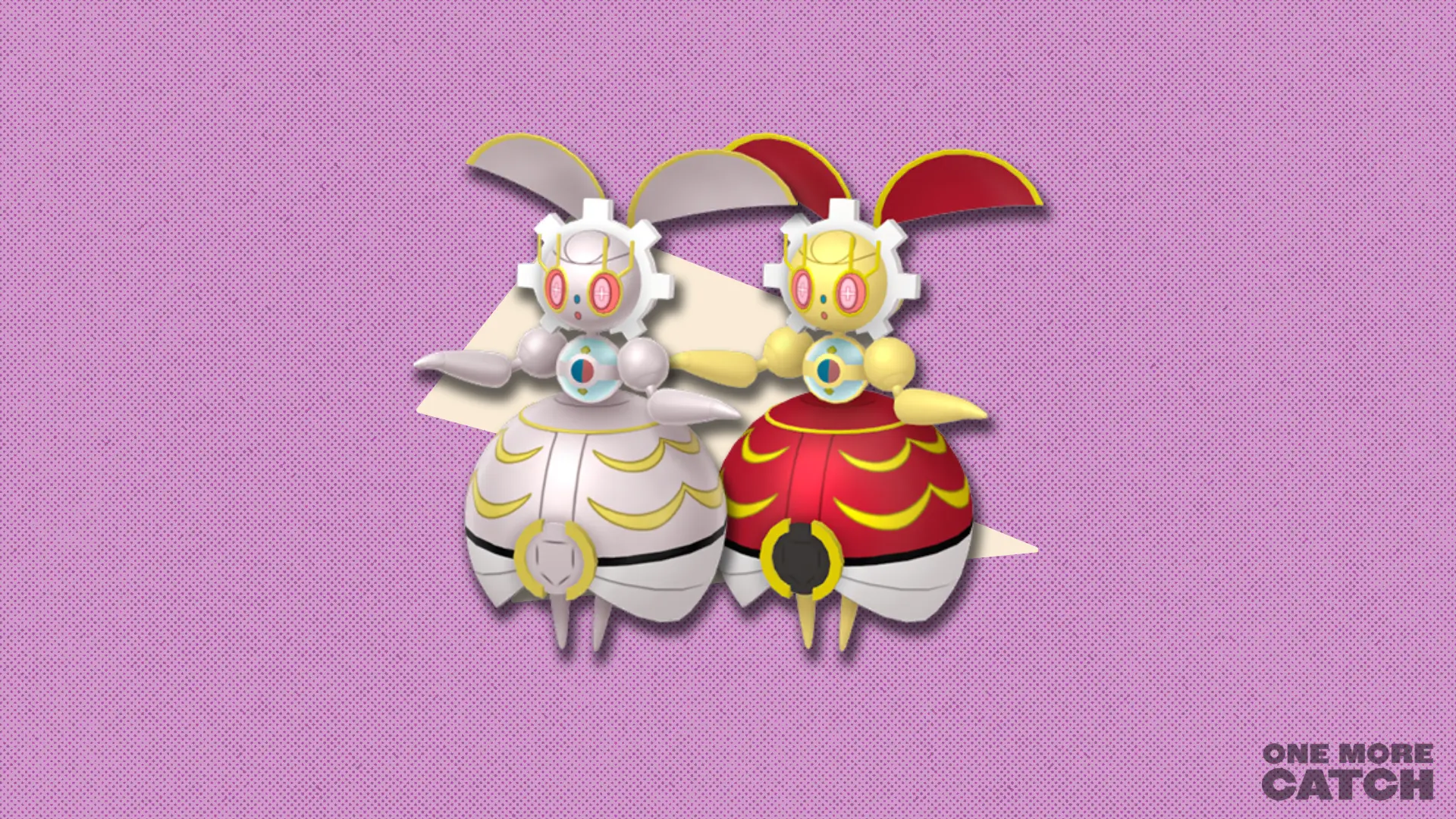 Magearna in front of a polygonal shape and a textured background.