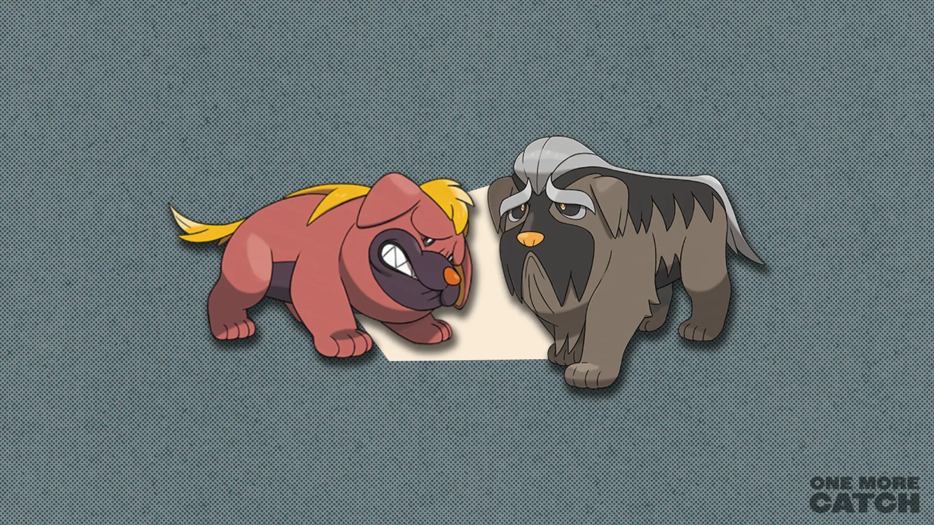 Maschiff and Mabosstiff in front of a polygonal shape and a textured background.