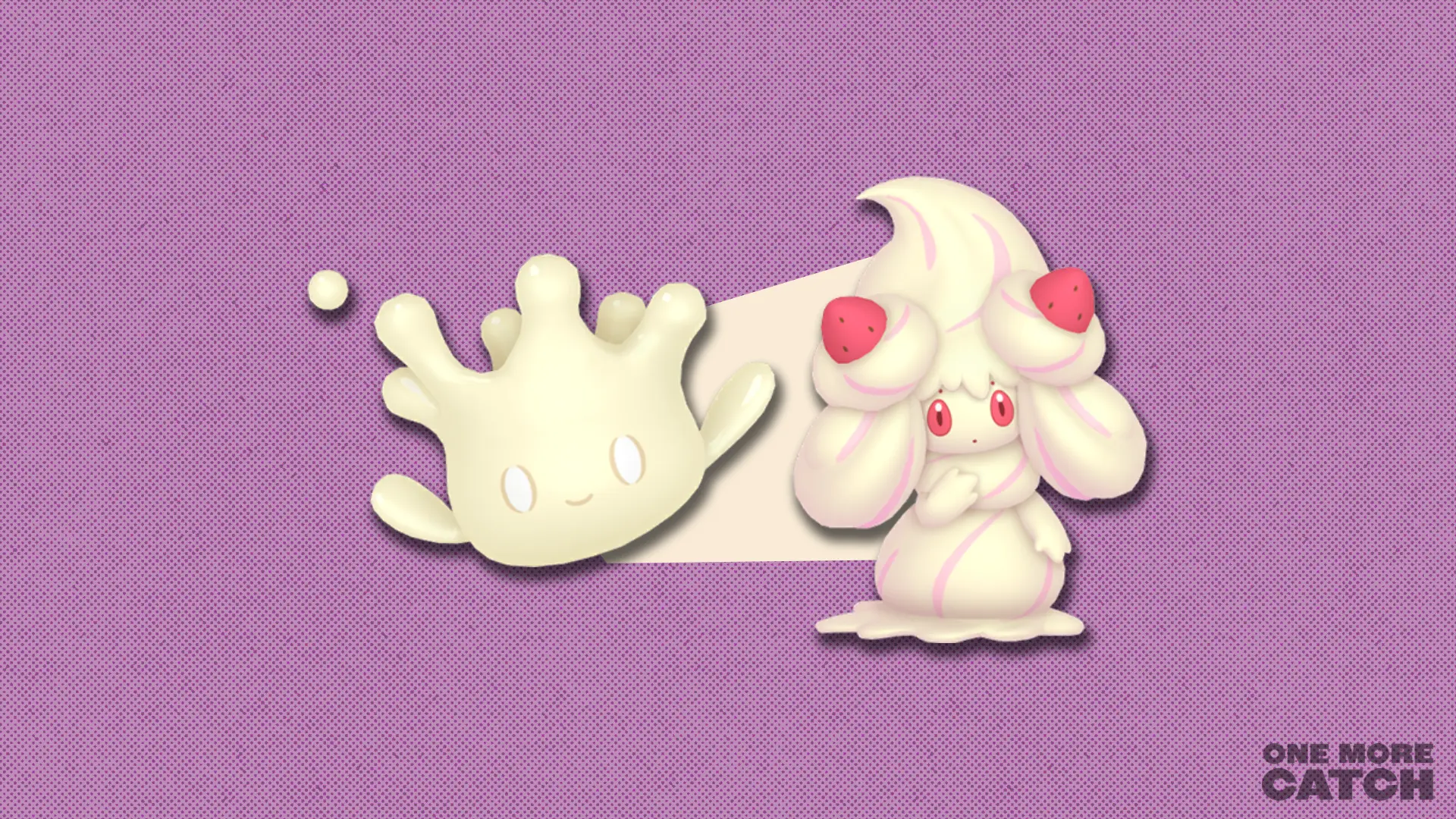 Milcery and Alcremie in front of a polygonal shape and a textured background.