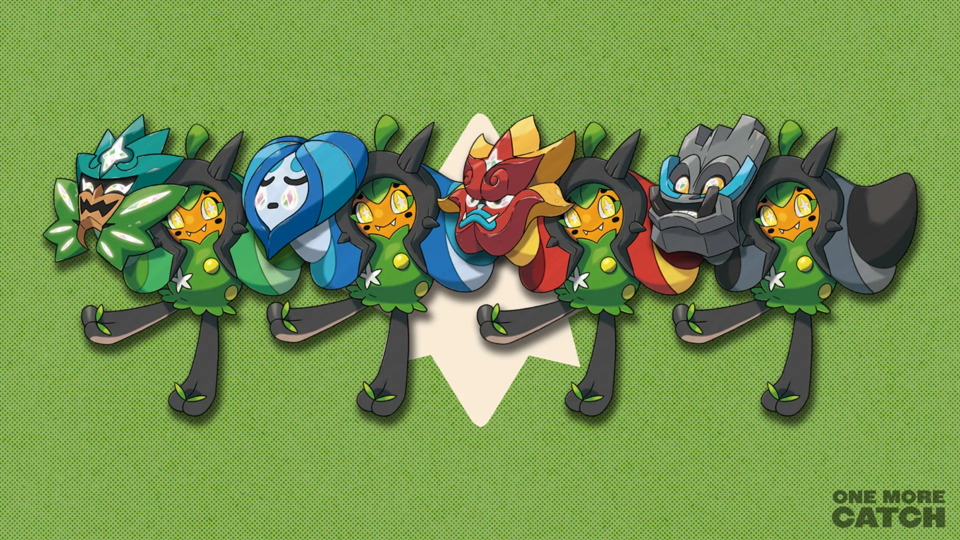 Ogerpon in front of a polygonal shape and a textured background.